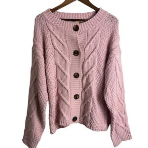 POL Pink Chunky Cable Knit Cardigan Button Front Cozy Cottagecore Style Size S